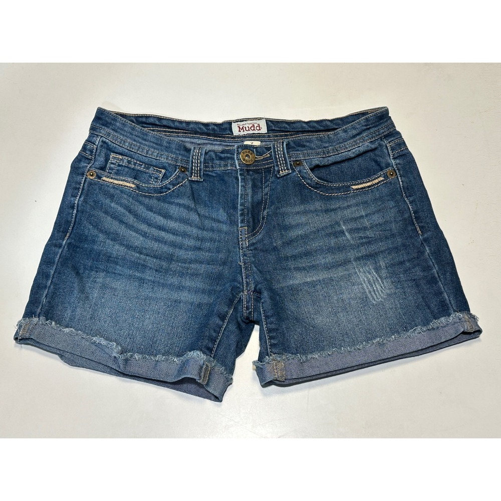 Mudd Denim Shorts Women 7 Blue Medium Wash Frayed Hem Stretch Casual Cutoffs